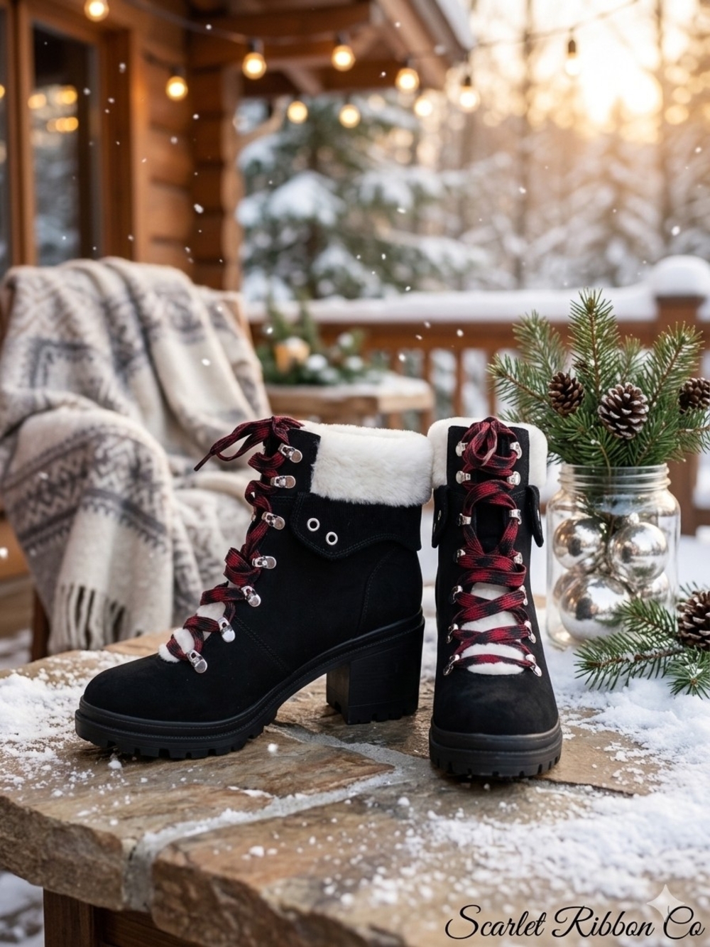 POP Romaine Black Faux Suede Fur Trim Heeled Boots